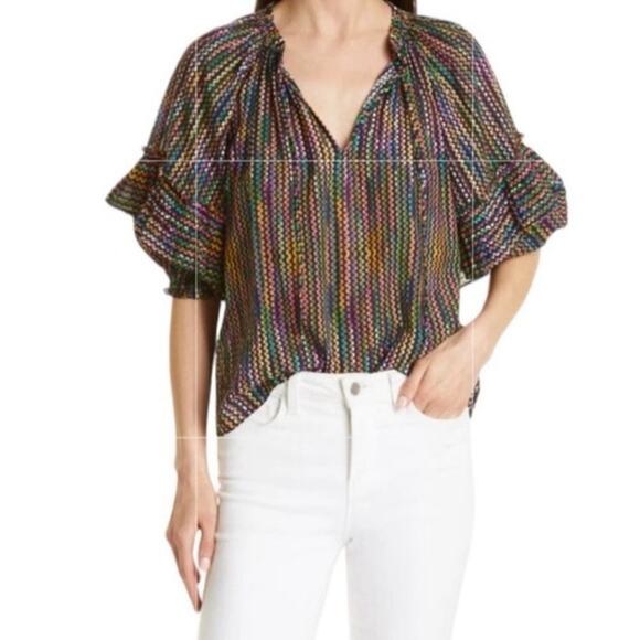 Ramy Brook Eugenia Ruffle Sleeve Top Large Rainbow Dot Stripe Split Neck Peasant - Picture 1 of 12